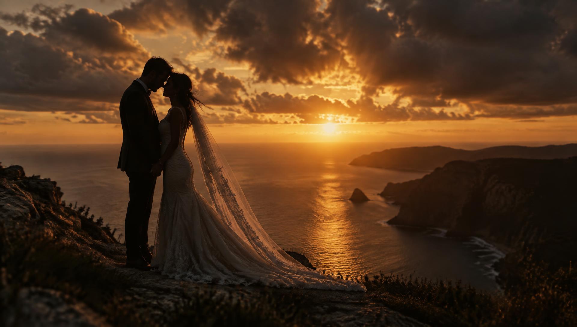 Pareja de novios al atardecer sobre un acantilado